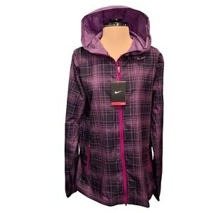 Nike Womens Running Windbreaker Jacket Purple Plaid Full Zip Hooded 446322-547 L